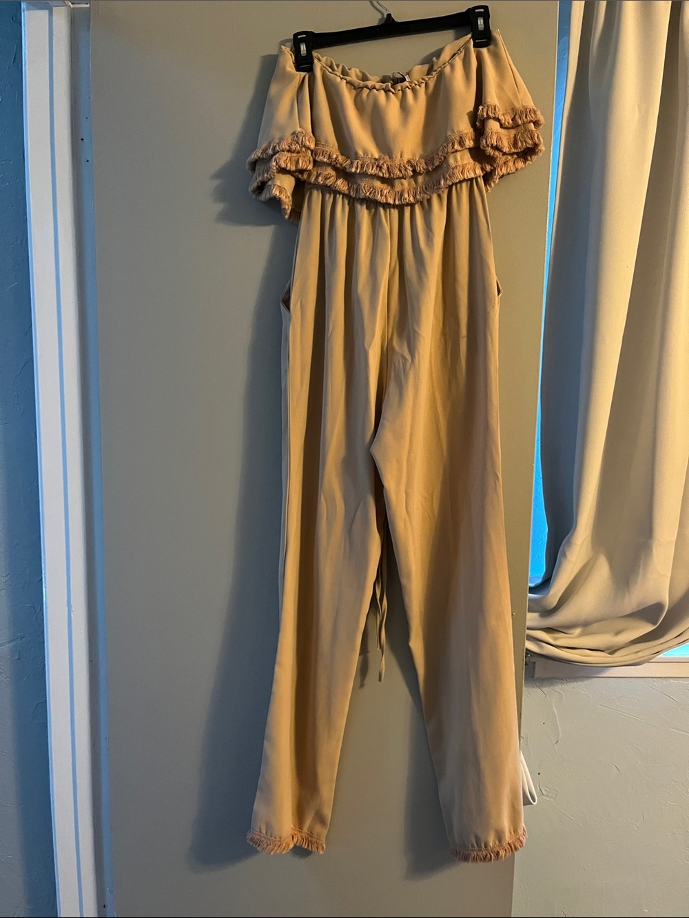 Off-Shoulder Ruffle Jumpsuit in Tan - Picture 1 of 4